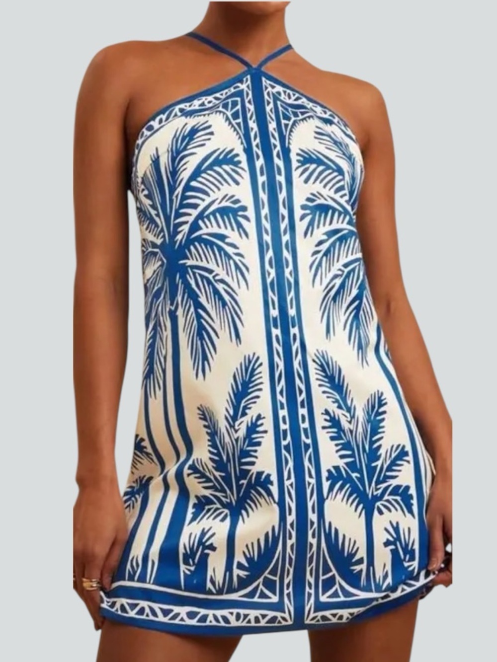 Tropical Blue Palm Tree Print Mini Dress